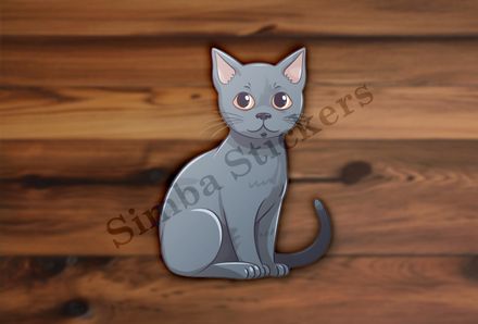 Russian blue cat sitting, tail wagging