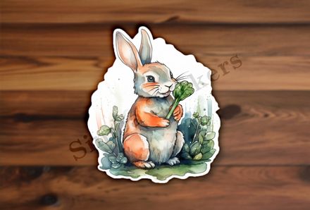 Rabbit holding leafy greens, watercolour