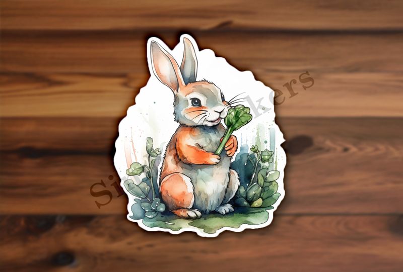 Rabbit holding leafy greens, watercolour