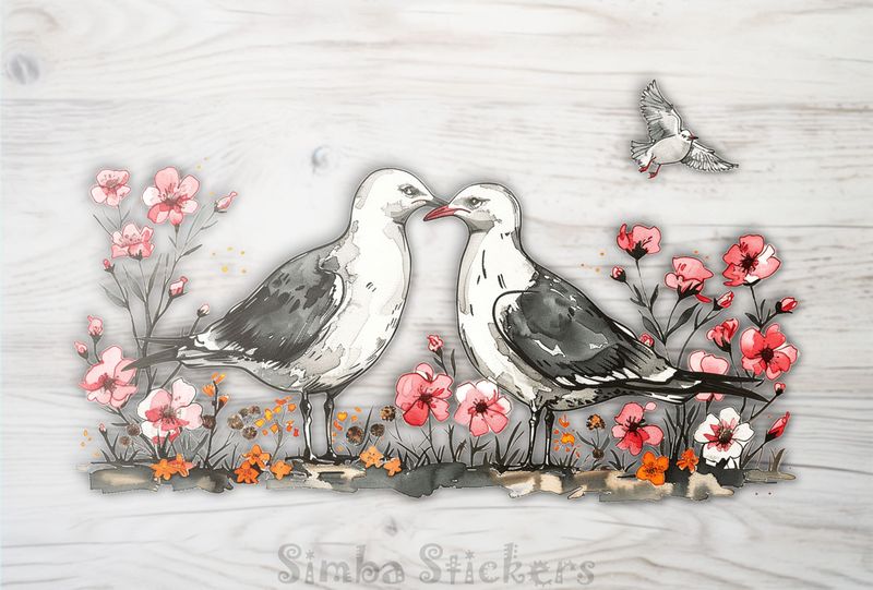 Seagulls in love beak-to-beak among colourful flowers, watercolour, zl4mlq