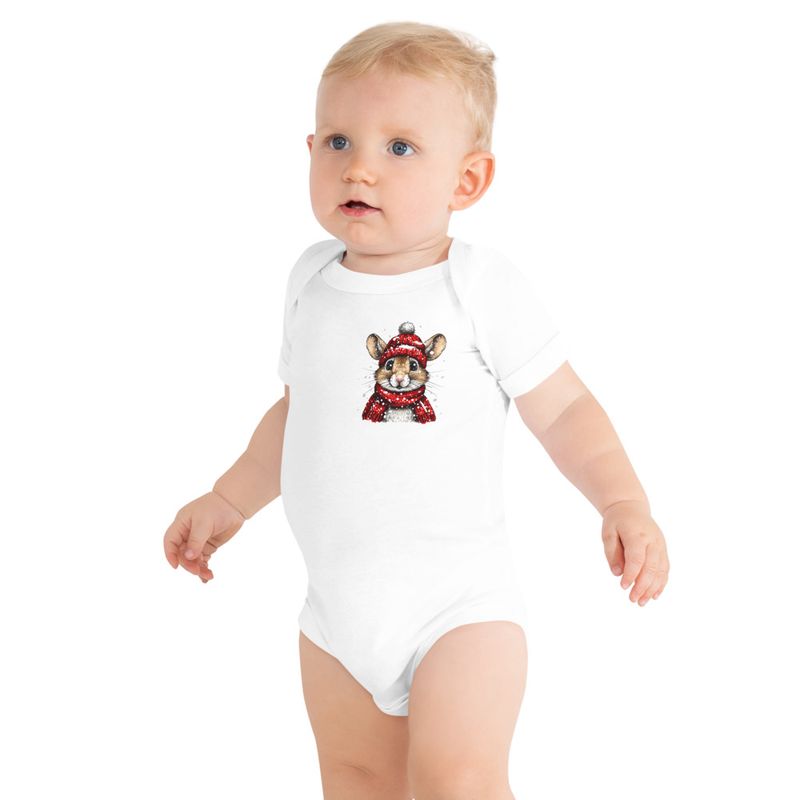 Baby Short Sleeve One Piece, 3-24 Months, Mouse wearing red winter hat and scarf, xg8dl3, left chest