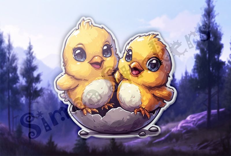 Happy Chick twins standing on eggshell