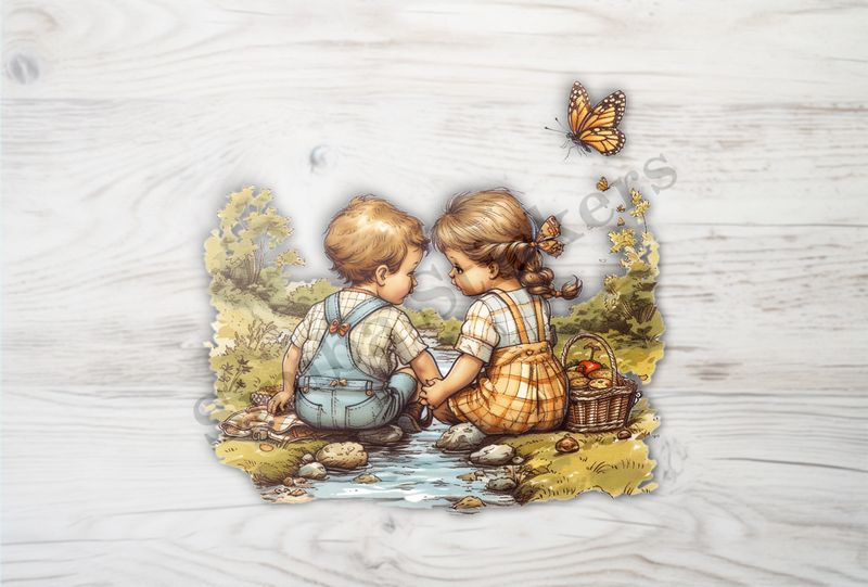 Boy and girl in love, in a stream, watercolour