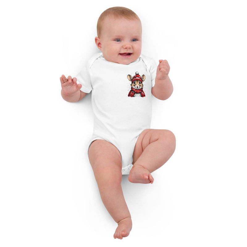 Organic Cotton Baby Bodysuit, 3-18 months, Mouse wearing red winter hat and scarf, xg8dl3,left chest