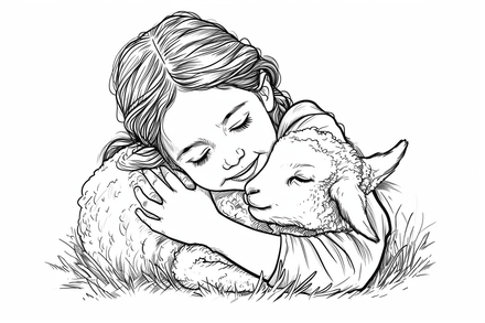 Colouring pages, bundle of sheep snugglig with child, 10 images