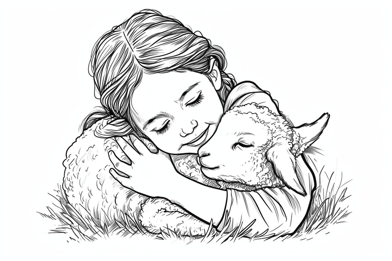 Colouring pages, bundle of sheep snugglig with child, 10 images