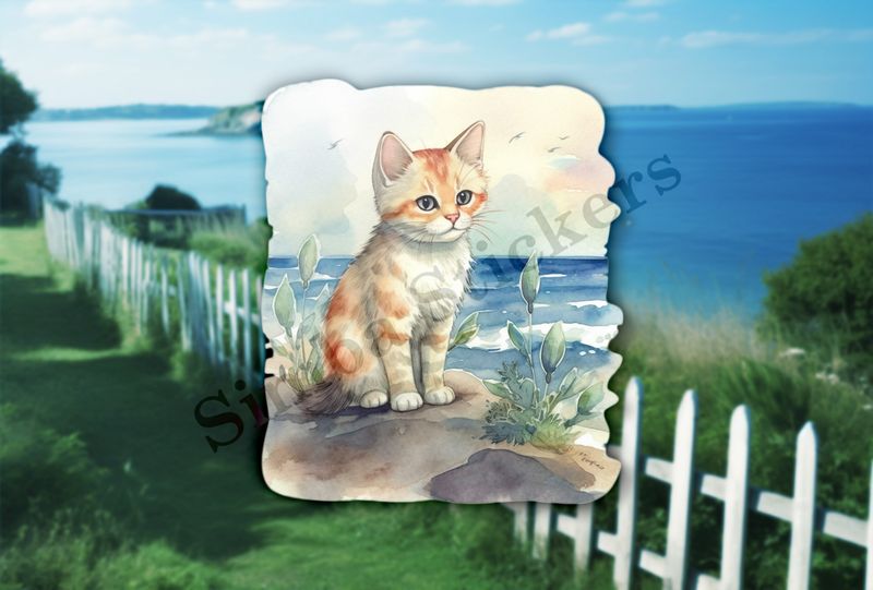 Cat on the beach, watercolour
