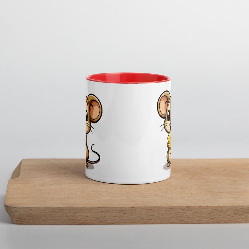 White Ceramic Mug with Color Inside,11&amp;15oz,Small Mouse happily licking large chunk of cheese,pqapy6