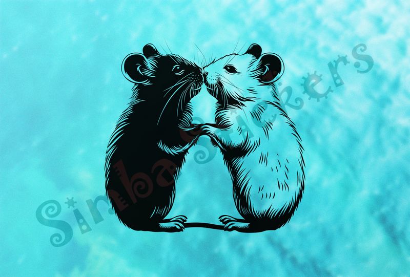 Mice nose-to-nose in love, holding hands, outline art