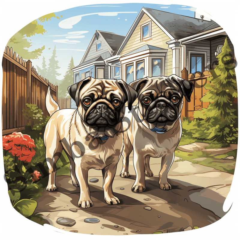 Pug dogs outdoors, image set, 10 images