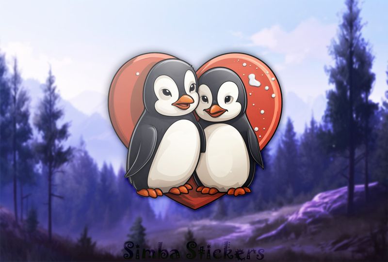 Penguins cheek-to-cheek smiling with romantic Valentine&#x27;s heart, xkk7ri