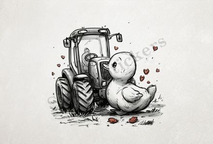 Duckling glancing lovingly at farmer&#x27;s tractor, outline art