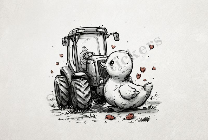 Duckling glancing lovingly at farmer&#x27;s tractor, outline art