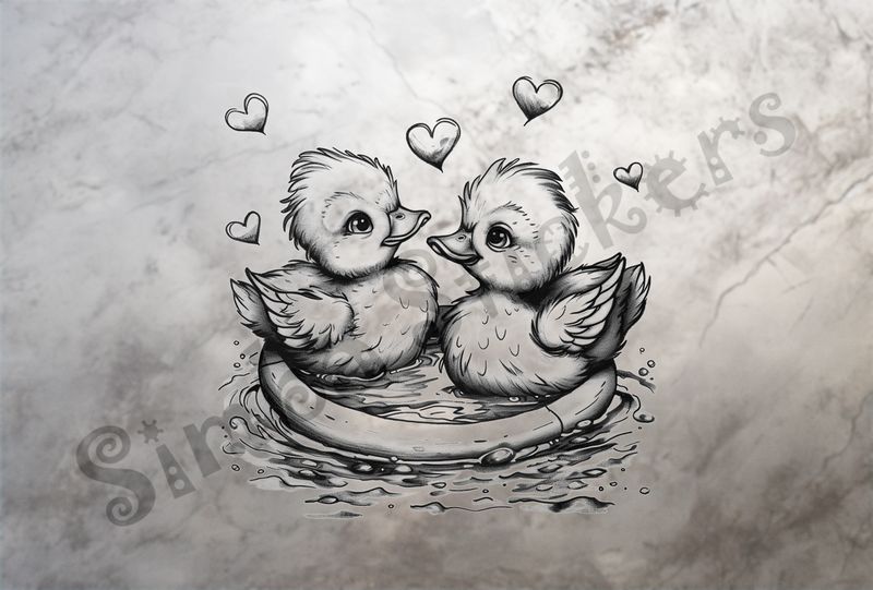 Ducklings in a ring in a pond, romantic hearts, outline art