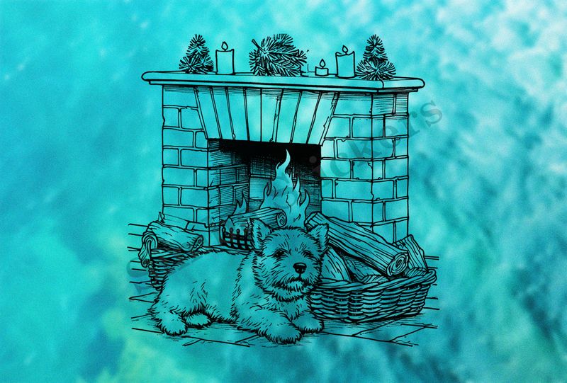 Dog by the fireplace, outline art