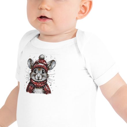 Embroidered Baby Short Sleeve One Piece, Mouse wearing red winter hat and scarf in the snow, xg8dl3