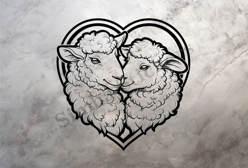 Sheep in love, in hear-shaped window, outline art