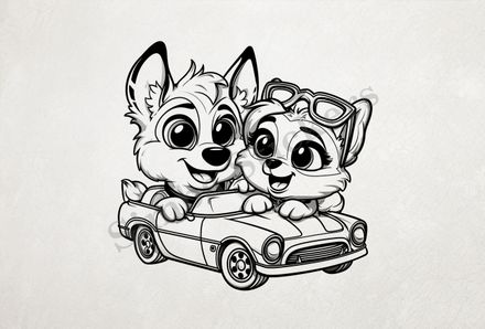 Dogs in love sitting in a classic sports car, outline art