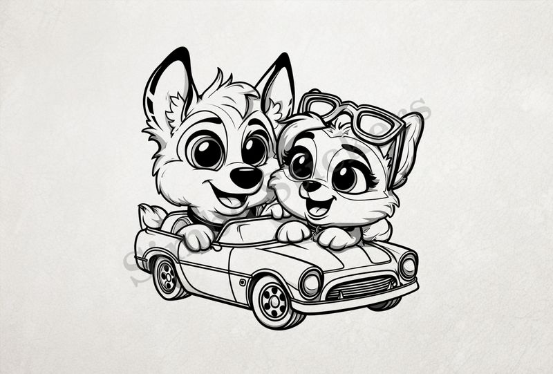 Dogs in love sitting in a classic sports car, outline art