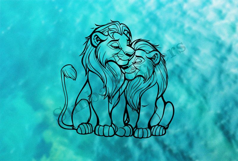 Lion and lioness, romantic, outline art
