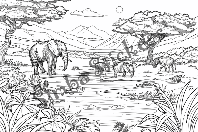 Colouring pages, bundle of African Savanna landscape, 25 images