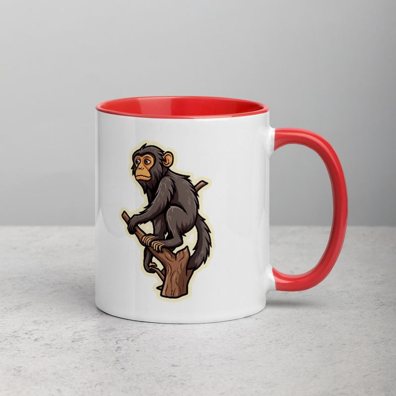 White Ceramic Mug with Color Inside, 11oz &amp; 15oz, Baboon on a tree, looking sad, head-to-head
