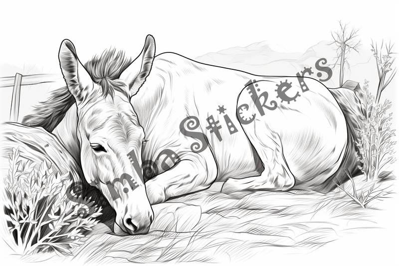 Colouring pages, bundle of donkeys with children, 25 images