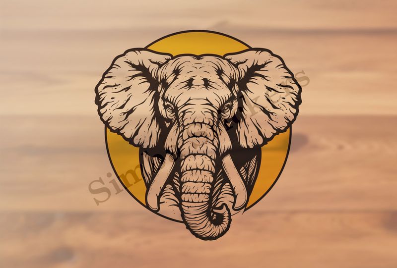 Elephant, front view in yellow circle, outline art