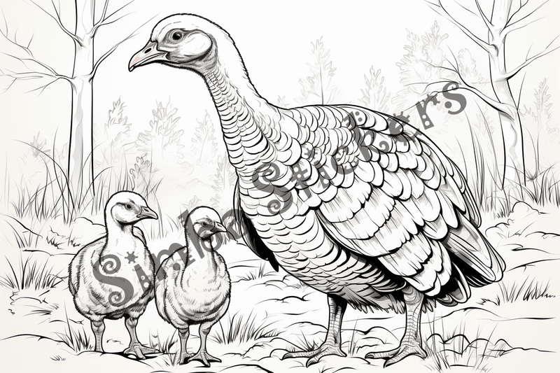 Colouring pages, bundle of turkey mother with poults, 10 images