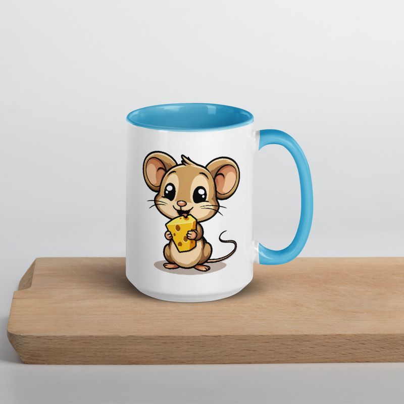 White Ceramic Mug with Color Inside,11&amp;15oz,Small Mouse happily licking large chunk of cheese,pqapy6