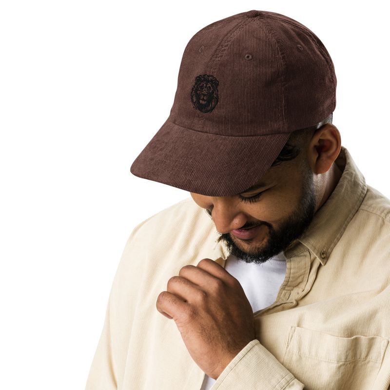 Vintage Corduroy Cap, Majestic lion face, outline art 