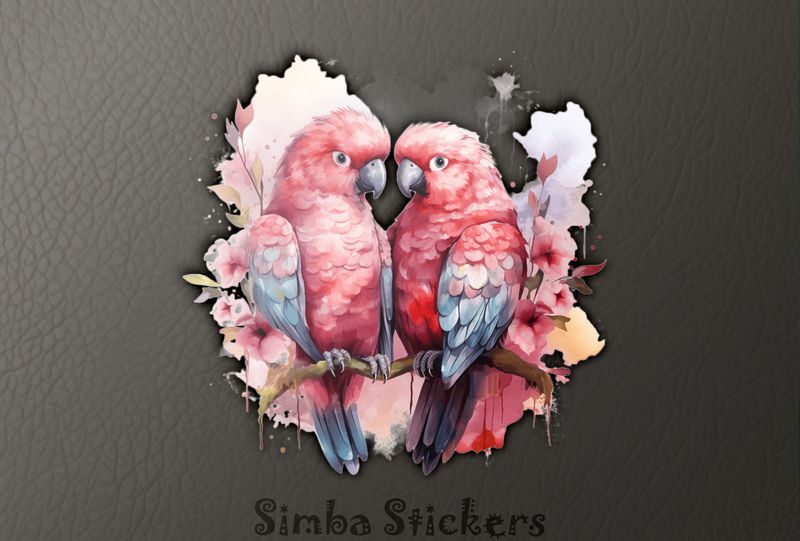 Reddish parrots perching in pinkish background, watercolour, kzebwr