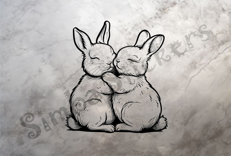 Hares cuddling arm-in-arm, outline art