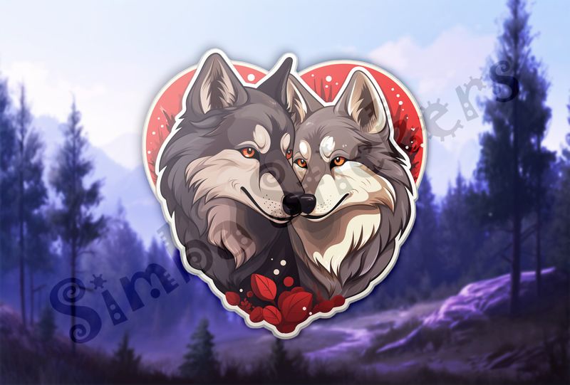 Wolves nose-to-nose, cuddling, in heart shape