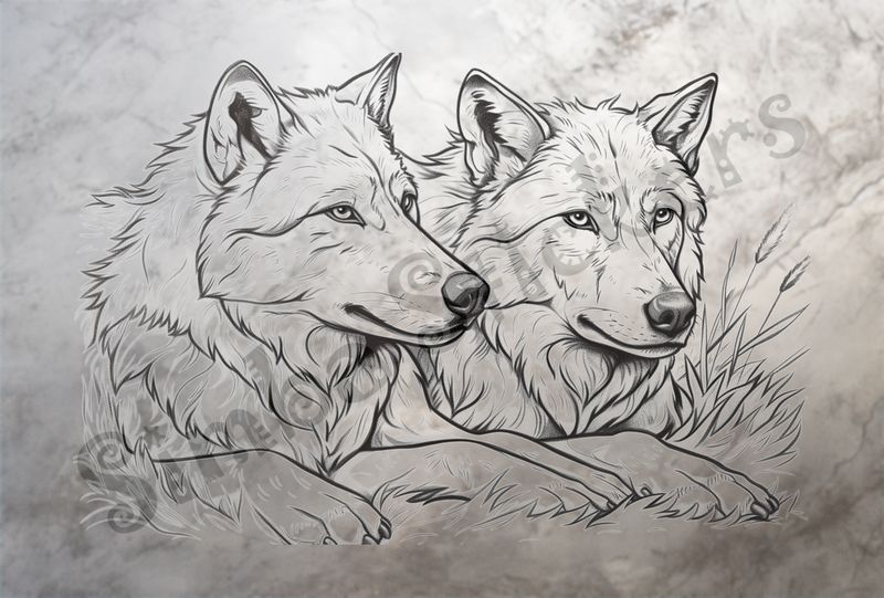 Wolves sitting in the grass, outline art