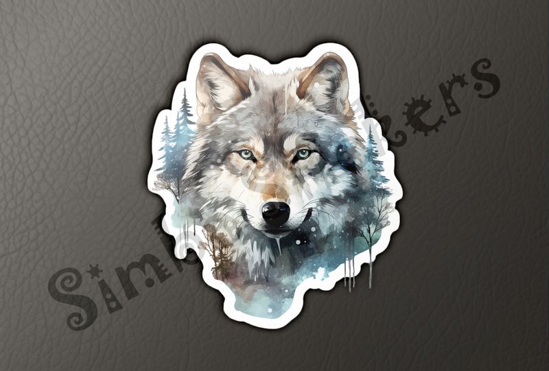 Wolf serious face, snowy watercolour