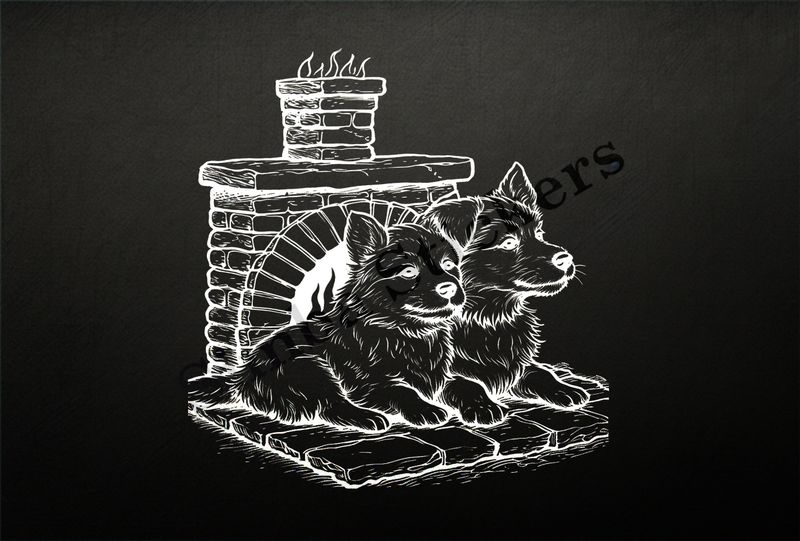 Dogs cuddling by a fireplace, romantic, outline art