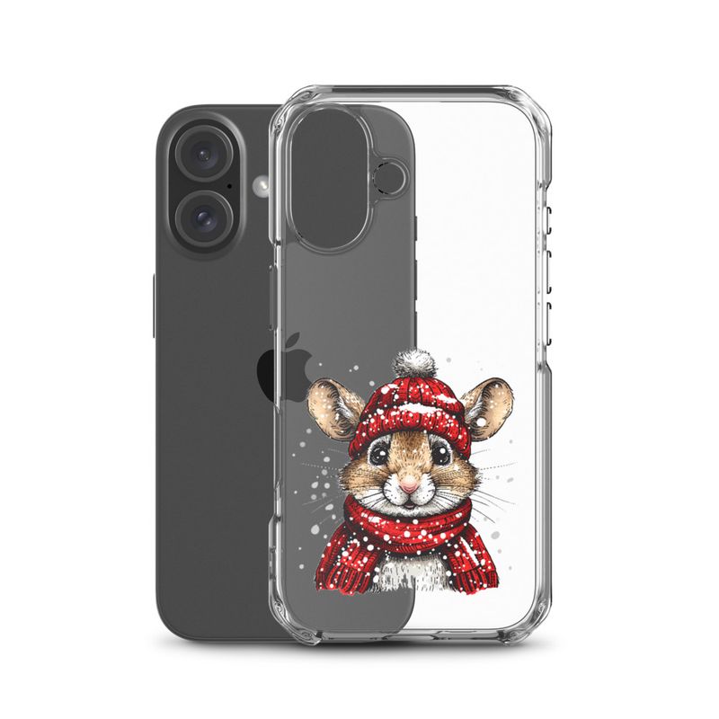 Clear Case for iPhone, Mouse wearing red winter hat and scarf in the snow, xg8dl3