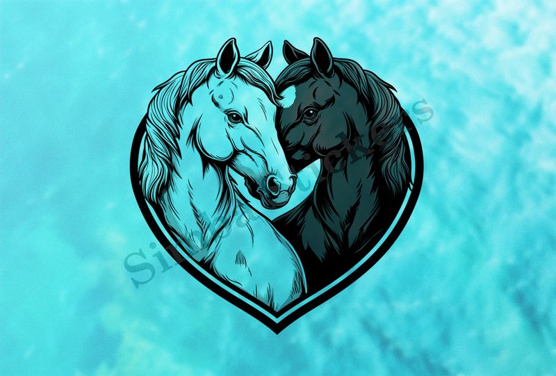 Horses in love, black and white, bust, in heart frame, outline art