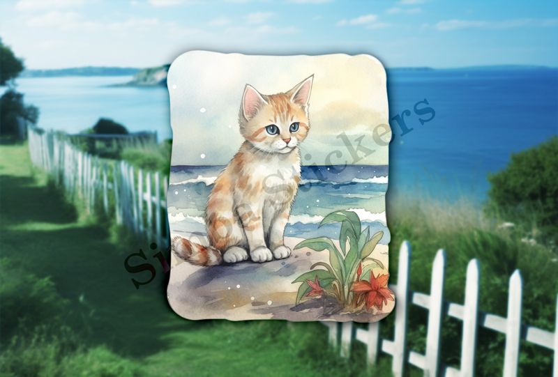 Cat, on the beach, next to flowers, watercolour