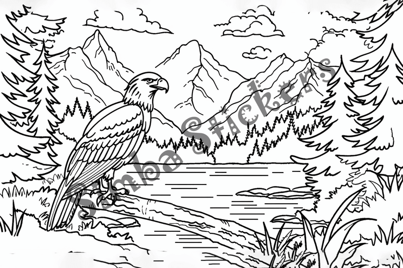 Colouring pages, bundle of eagles flying or in mountains, 10 images