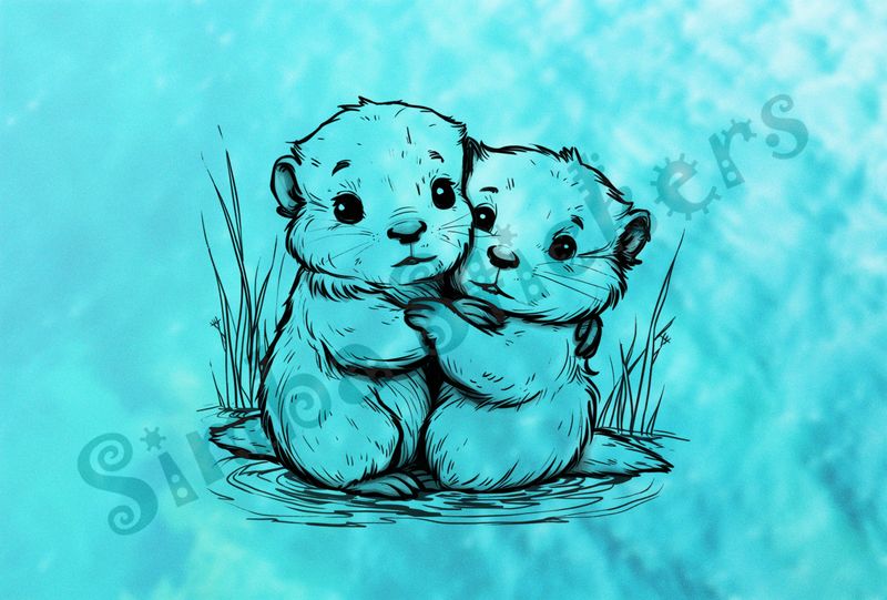 Beavers embracing each other worryingly, outline art