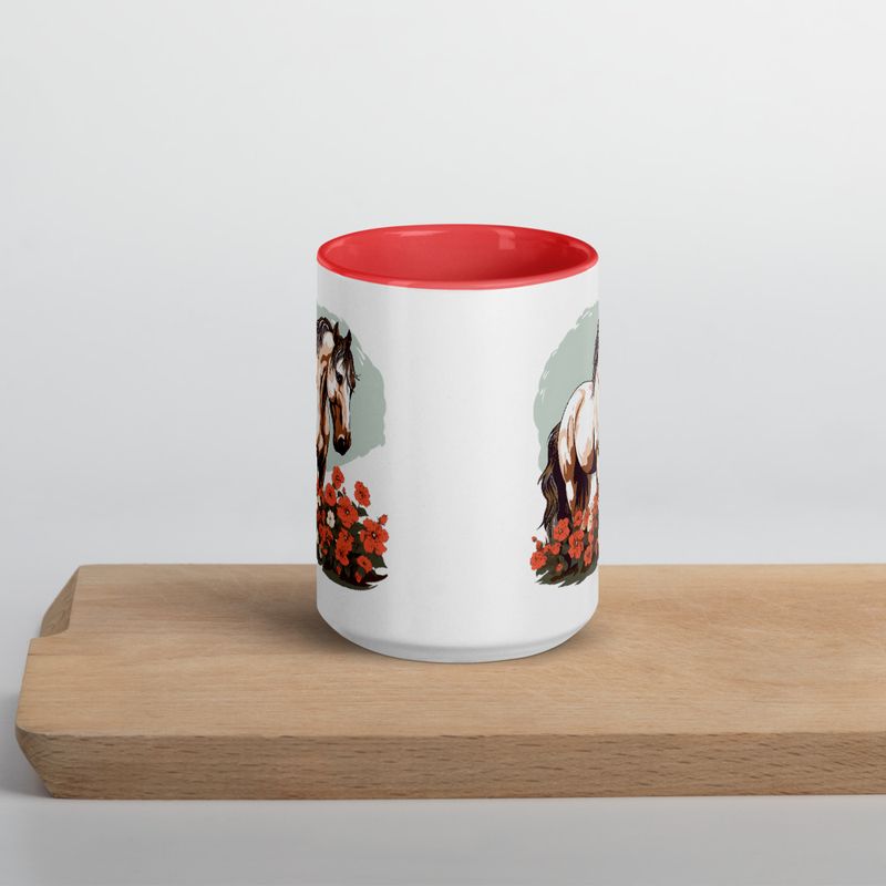 White Ceramic Mug with Color Inside, 11&amp;15oz, Brown horse in field of red flowers, n4w2fj