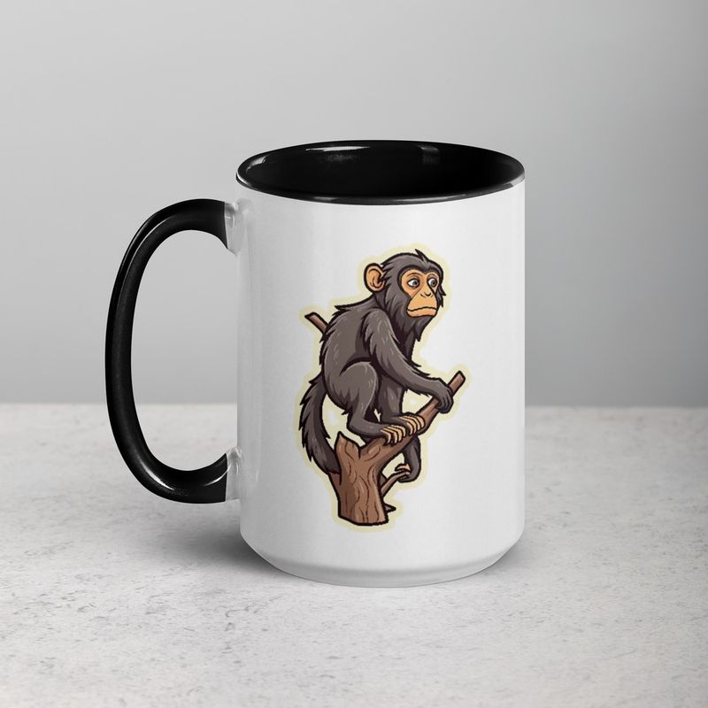 White Ceramic Mug with Color Inside, 11oz &amp; 15oz, Baboon on a tree, looking sad, head-to-head