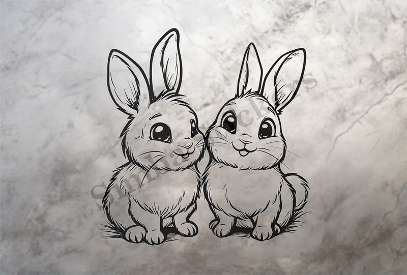 Bunnies in love, smiling,  outline art