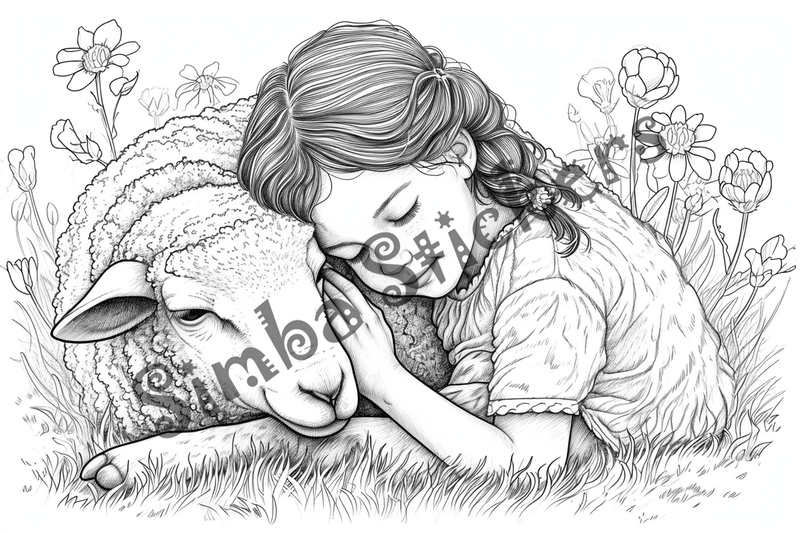 Colouring pages, bundle of sheep hugged by child, 10 images