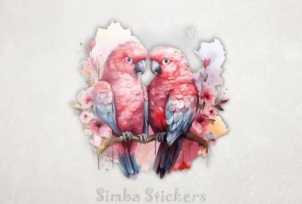 Reddish parrots perching in pinkish background, watercolour, kzebwr