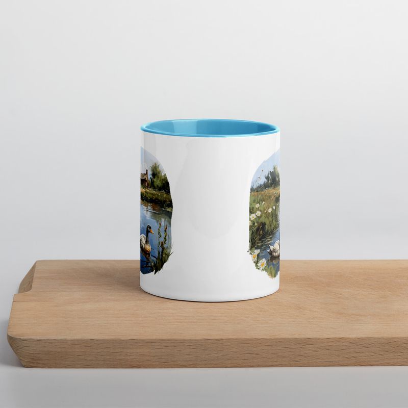 White Ceramic Mug with Color Inside, 11 &amp;15oz, Ducks in love swimming in farmhouse pond 