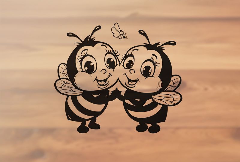Bees holding hands and smiling, outline art