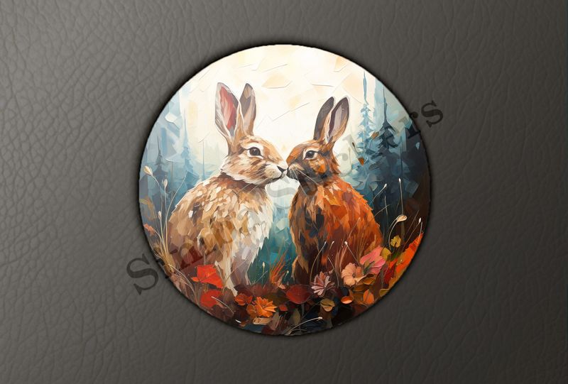 Rabbits in love in autumn leaves, oil painting
